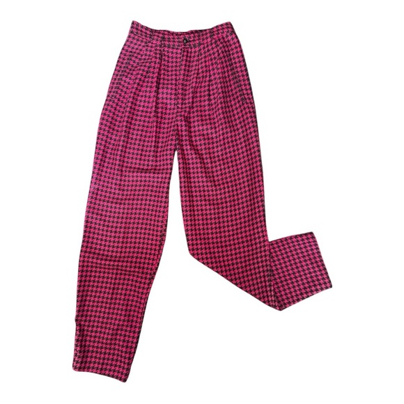 Vintage 1980 GENERRA Houndstooth Trousers Hot Pink Super High Rise Rayon Size 9 - Picture 1 of 13